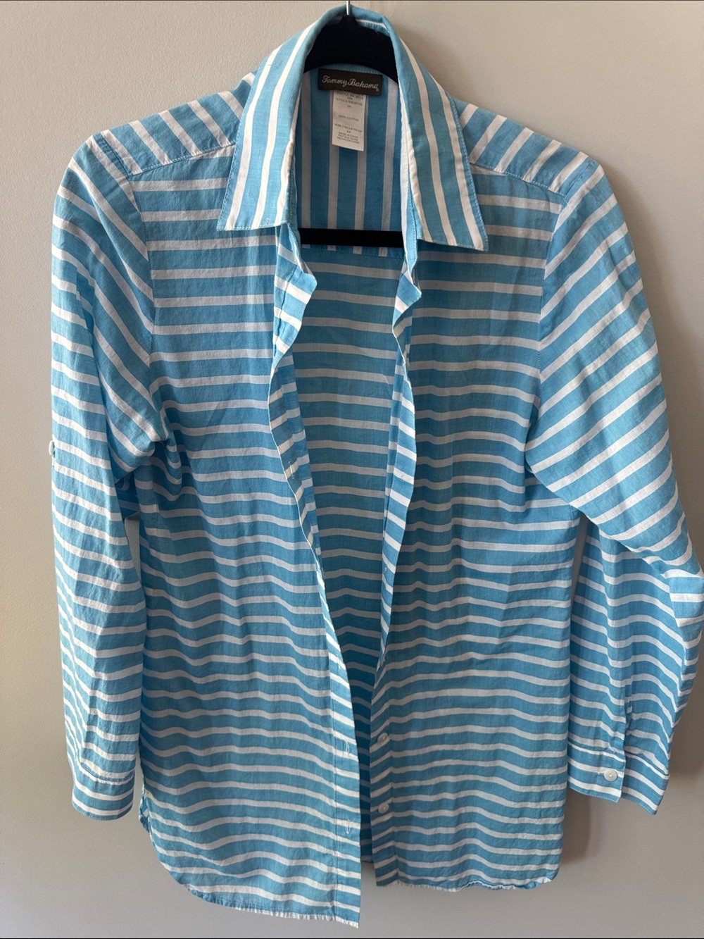Tommy Bahama Womes Turquoise and White Striped Button-Down long Shirt